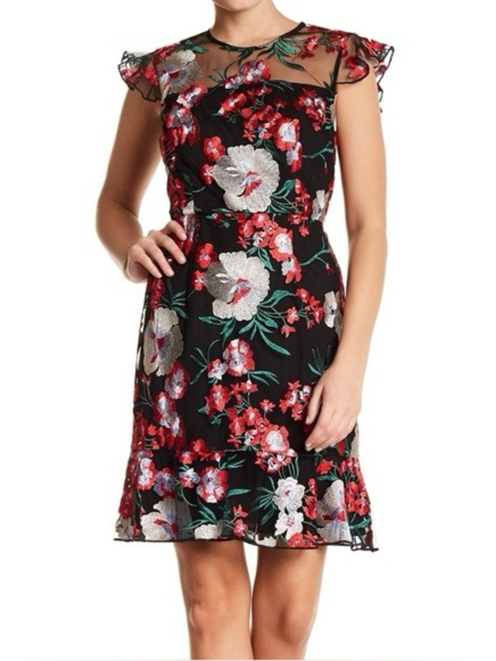 Donna Morgan Black Floral Midi Dress with Red & White Blooms